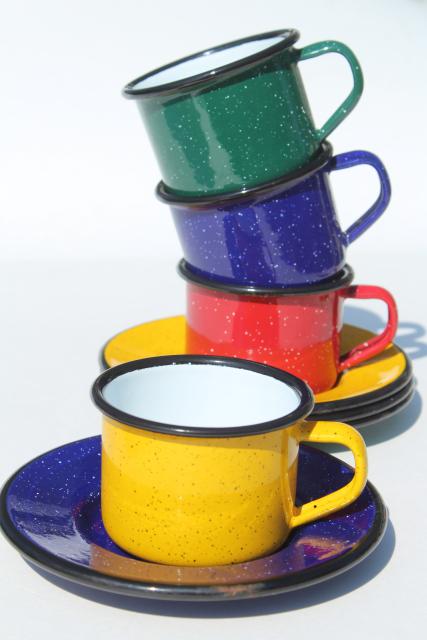 vintage enamelware camp coffee cups, red, blue, green, yellow graniteware