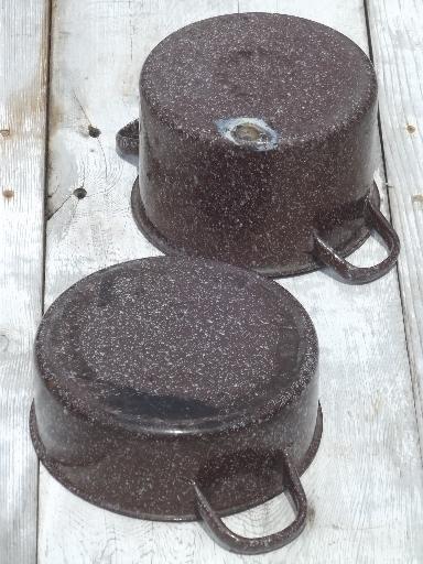 vintage enamelware camp cookware lot, brown graniteware enamel pots & pans