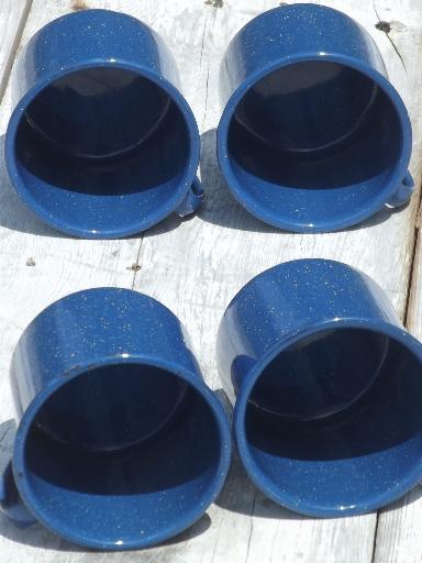 vintage enamelware camp cups, blue & white spatter graniteware coffee mugs