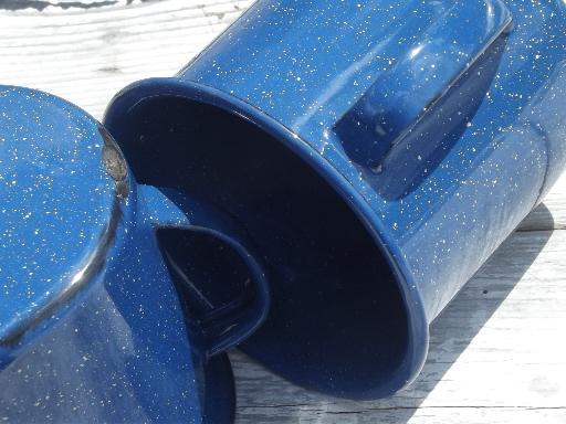 vintage enamelware camp cups, blue & white spatter graniteware coffee mugs