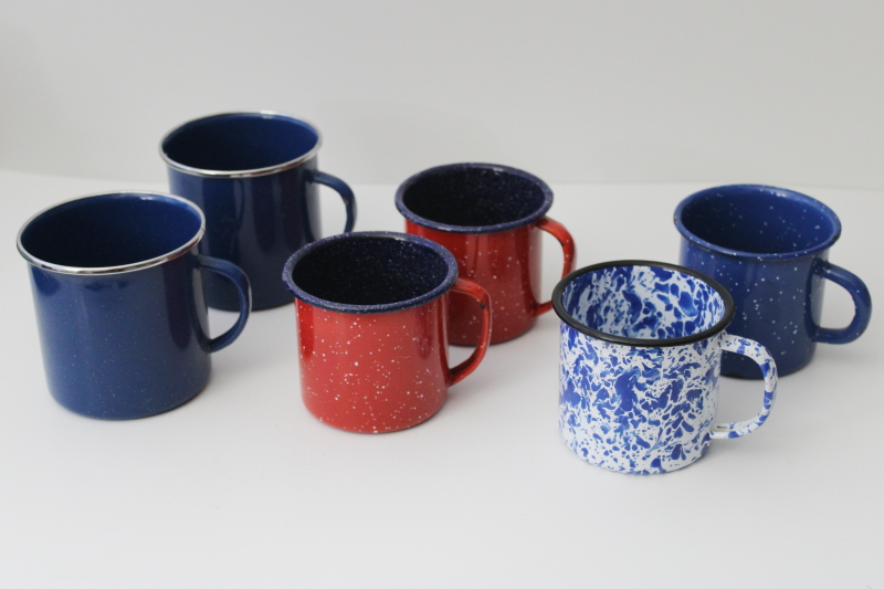 vintage enamelware camp cups, lot of metal mugs in red, white  blue spatterware splatterware