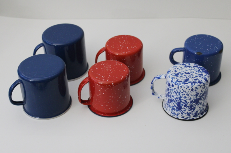 vintage enamelware camp cups, lot of metal mugs in red, white  blue spatterware splatterware