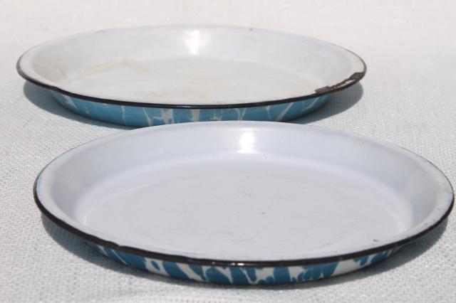 vintage enamelware camp plates & pie pans, blue & white spatter ware and swirl enamel