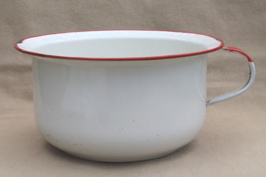 vintage enamelware chamber pot, white & red enamel camp / cabin potty