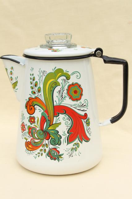 vintage enamelware coffee pot, Berggren Swedish folk art green & red rosemaling design