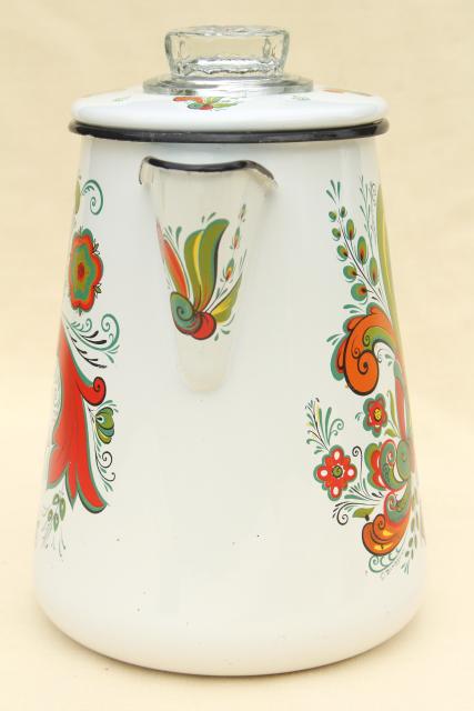 vintage enamelware coffee pot, Berggren Swedish folk art green & red rosemaling design