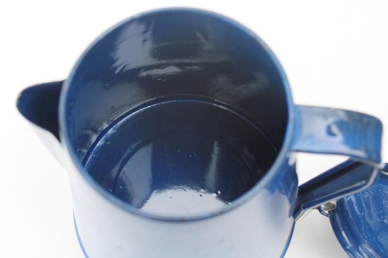 vintage enamelware coffee pot, blue & white graniteware camp fire or wood stove