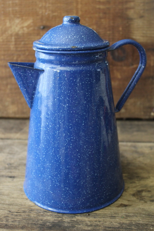 vintage enamelware coffee pot, blue  white graniteware camp fire or wood stove cookware