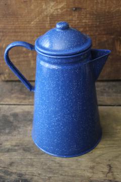 vintage enamelware coffee pot, blue  white graniteware camp fire or wood stove cookware
