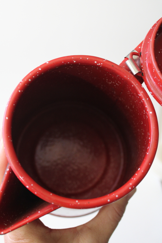 vintage enamelware coffee pot, red  white graniteware camp fire or wood stove percolator
