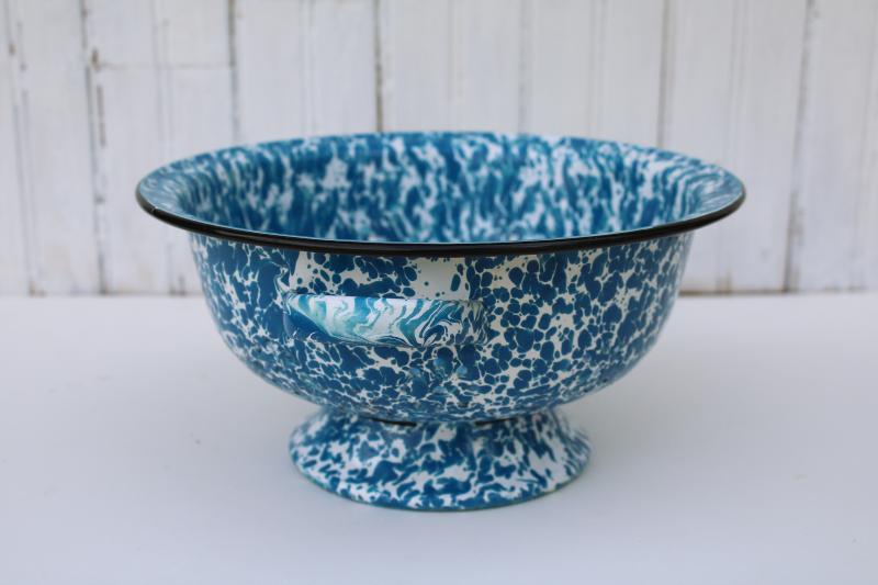 vintage enamelware colander, blue & white splatterware kitchen strainer basket