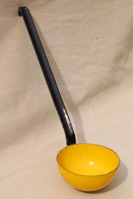 vintage enamelware ladle / dipper, Scandinavian modern yellow & black enamel 