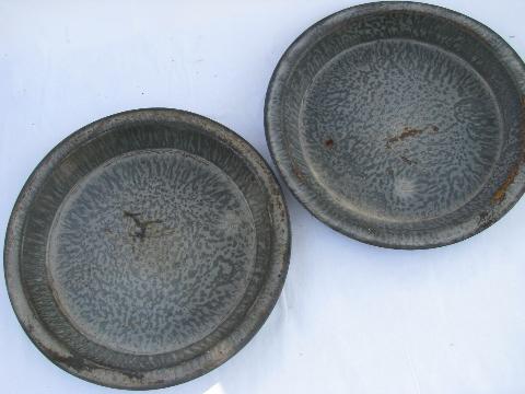 vintage enamelware lot, old green speckled baking pan, antique pie plates