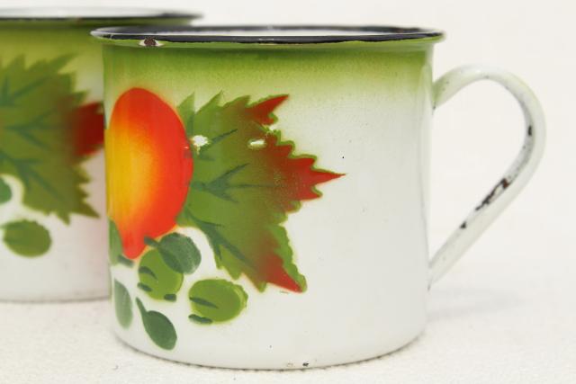 vintage enamelware mugs or camp kitchen cups, bright colored fruit & white enamel