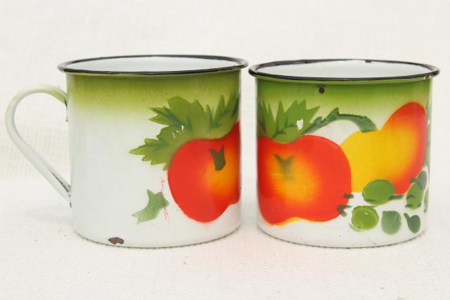 vintage enamelware mugs or camp kitchen cups, bright colored fruit & white enamel