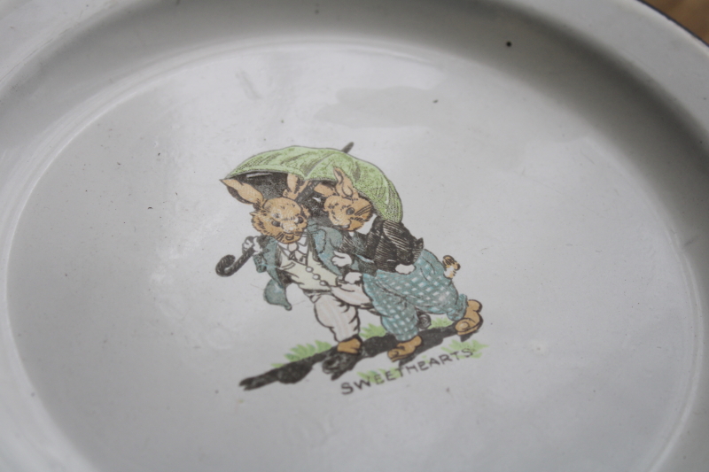 vintage enamelware plate w/ Sweetheart bunnies, antique childs tin dish Easter rabbits picture