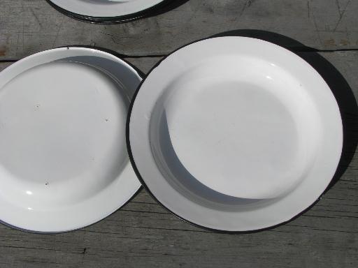 vintage enamelware plates set of 6, white w/ black band graniteware