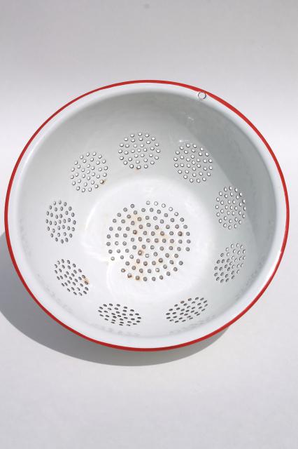 vintage enamelware, red trim white enamel colander strainer bowl & roasting pan