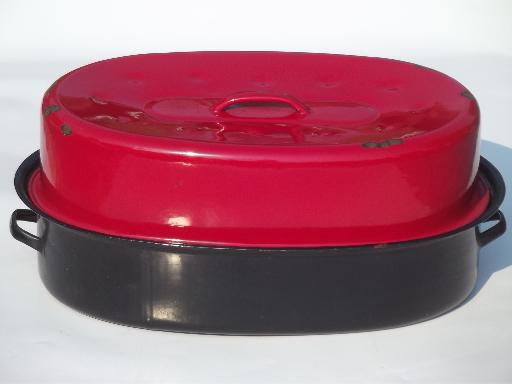 vintage enamelware roasting pan, huge red & black roaster for turkey or goose 
