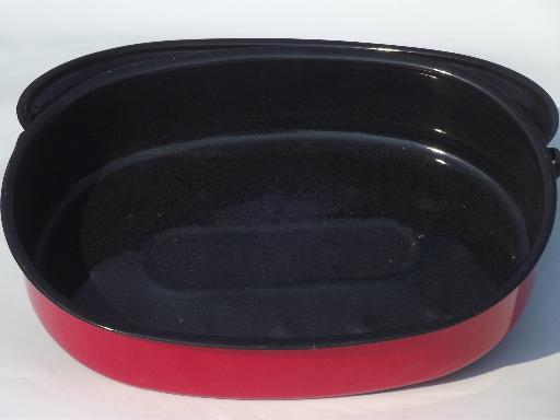 vintage enamelware roasting pan, huge red & black roaster for turkey or goose 