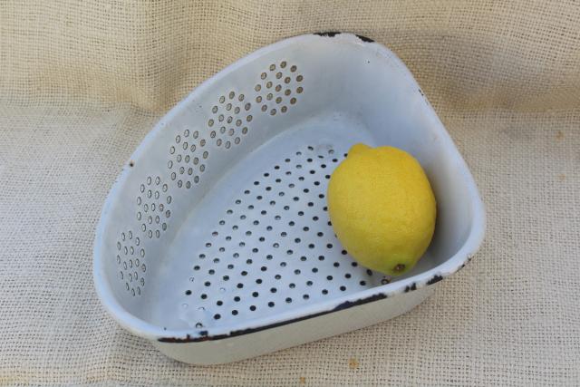 vintage enamelware sink corner strainer drainer colander basket, old white enamel metal