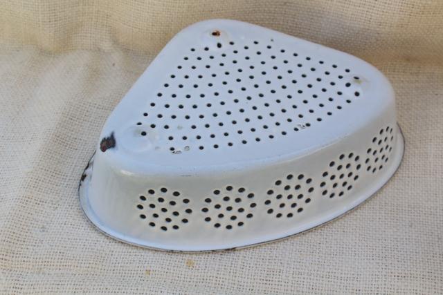 vintage enamelware sink corner strainer drainer colander basket, old white enamel metal