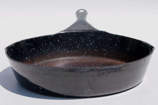 vintage enamelware skillet, heavy enameled steel frying pan for camping cookstove or campfire