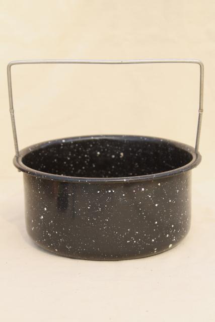 vintage enamelware strainer, colander basket w/ wire handle, black & white speckled enamel