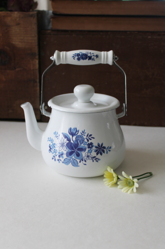 vintage enamelware teapot tea kettle cottage floral print blue  white enamel metal
