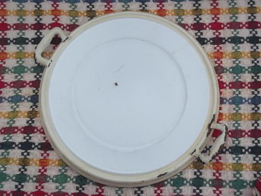 vintage enamelware tray, round trivet w/ handles old cream and white enamel