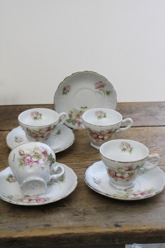 vintage espresso cups & saucers demitasse set, hand painted china w/ apple blossoms 