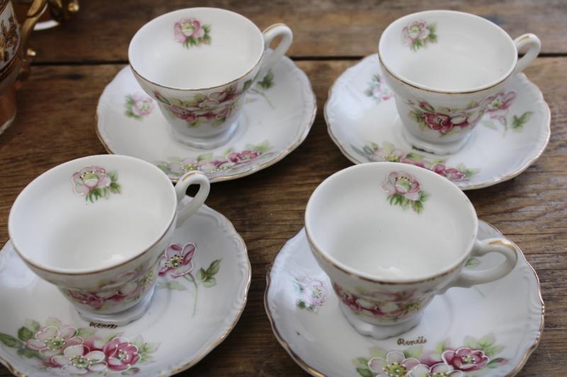 vintage espresso cups & saucers demitasse set, hand painted china w/ apple blossoms 