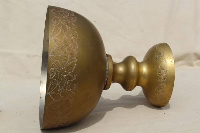 vintage etched brass punch bowl, large chalice shaped pedestal vase or fruit dish