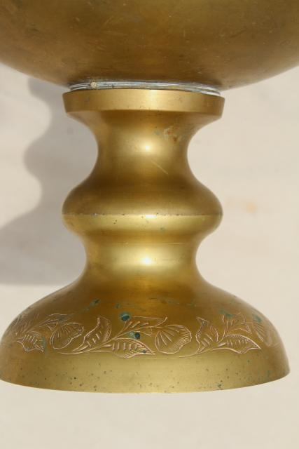 vintage etched brass punch bowl, large chalice shaped pedestal vase or fruit dish