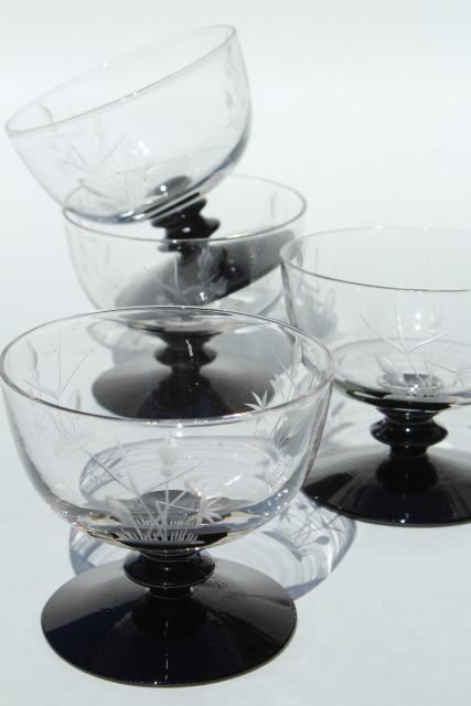 vintage etched cut glass cocktail glasses, black stem & foot, crystal clear bowl