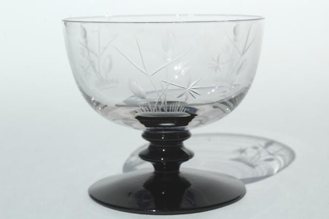 vintage etched cut glass cocktail glasses, black stem & foot, crystal clear bowl