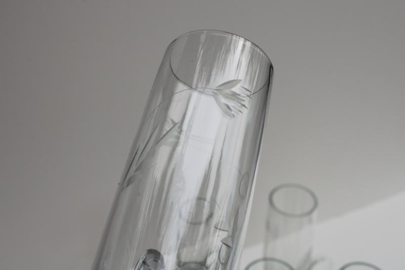 vintage etched cut glass shooters, tall shot glasses w/ handles weighted bottom shots