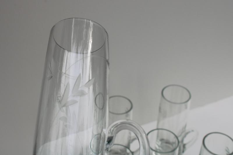 vintage etched cut glass shooters, tall shot glasses w/ handles weighted bottom shots