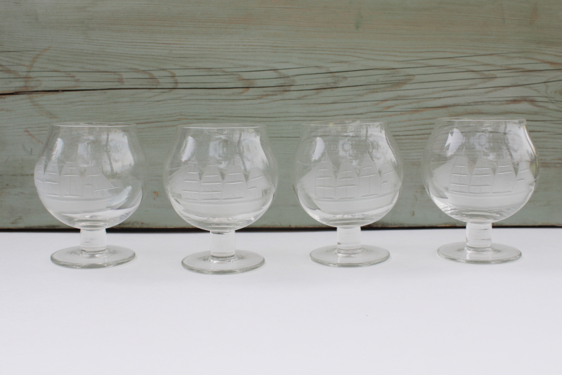 vintage etched glass brandy glasses, Toscany clipper ship tall ships