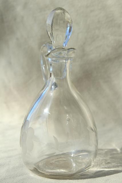 vintage etched glass cruet bottles, mismatched cruets, oil & vinegar pitchers