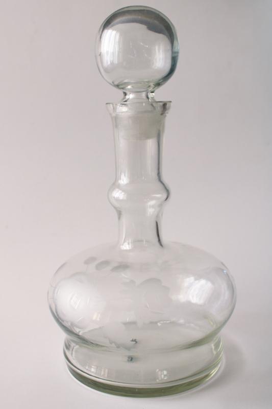 vintage etched glass decanter bottle w/ ground stopper, made in Peru label