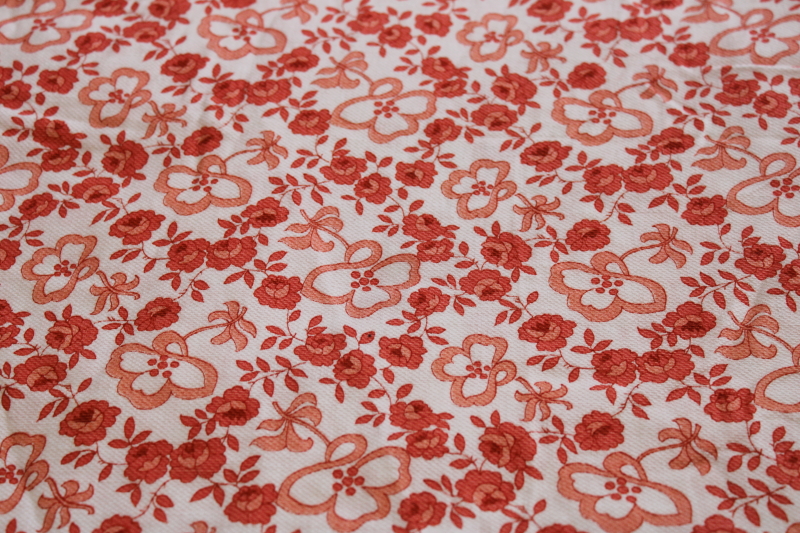 vintage fabric, Crantex floral print textured cotton pique, coral red  white