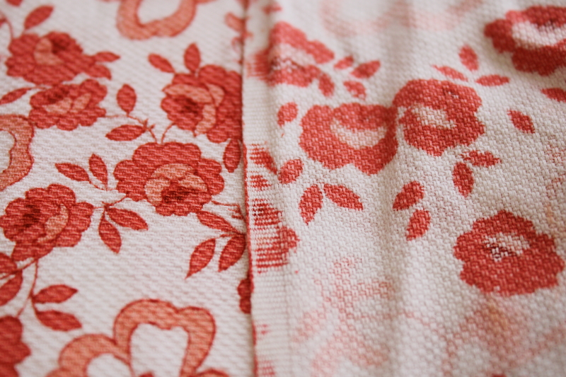 vintage fabric, Crantex floral print textured cotton pique, coral red  white