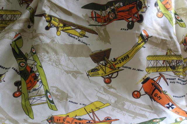 vintage fabric w/ biplanes early airplanes print, sturdy cotton duck fabric