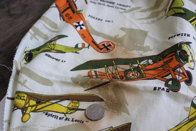 vintage fabric w/ biplanes early airplanes print, sturdy cotton duck fabric