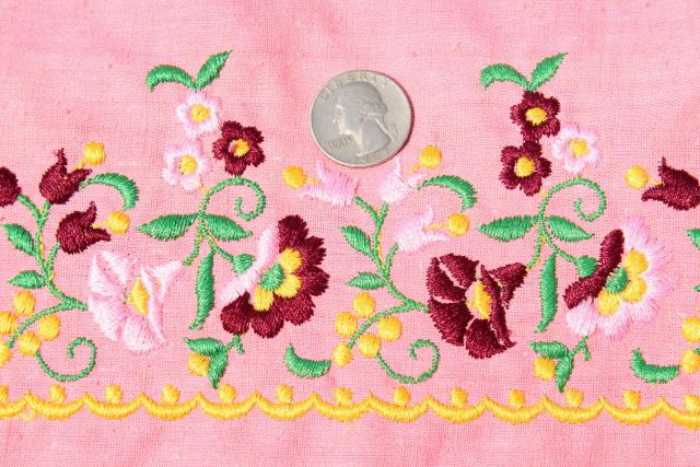 vintage fabric, embroidered border linen weave cotton, coral pink W/ folk art flowers embroidery