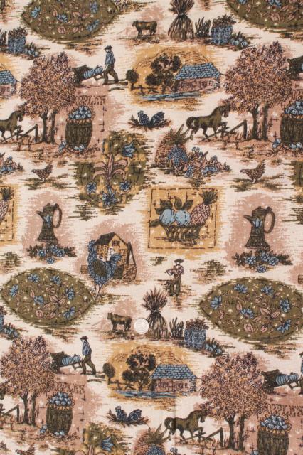vintage fabric, french country scenes toile style print linen weave in blue, olive green, flax