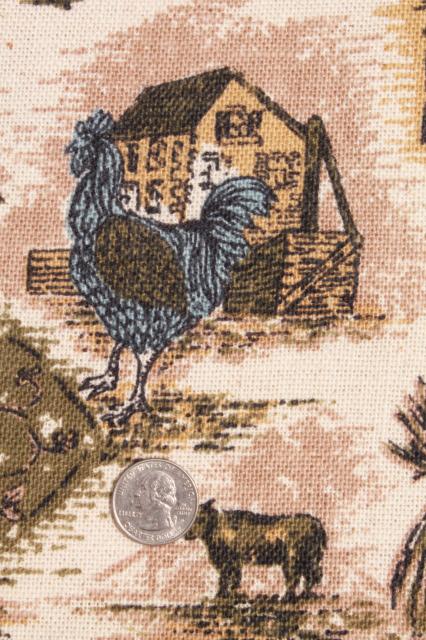 vintage fabric, french country scenes toile style print linen weave in blue, olive green, flax