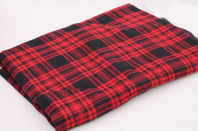 vintage fabric lot, plaid collection, red grey black wool blend plaids for sewing or rugs
