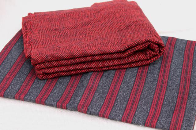 vintage fabric lot, plaid collection, red grey black wool blend plaids for sewing or rugs